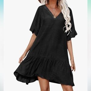 Black V-Neck Ruffle Hem Dress